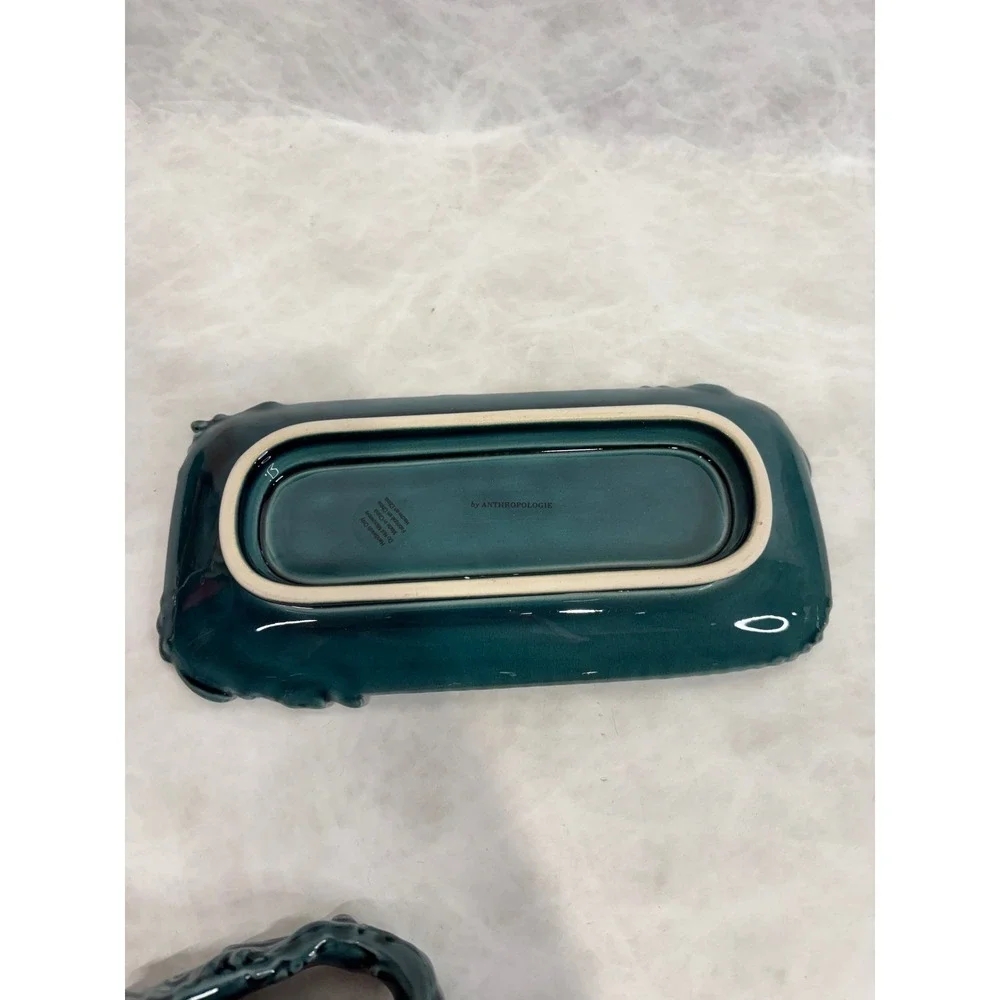 Anthropologie Teal‎ Ceramic Butter Dish with Lid Floral Scrollwork Detail